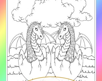 Whimsical Dragon Twins - Instant Download - Digital Stamp - Coloring Page - Digistamp -  Printable - Molly Harrison - Fantasy Art