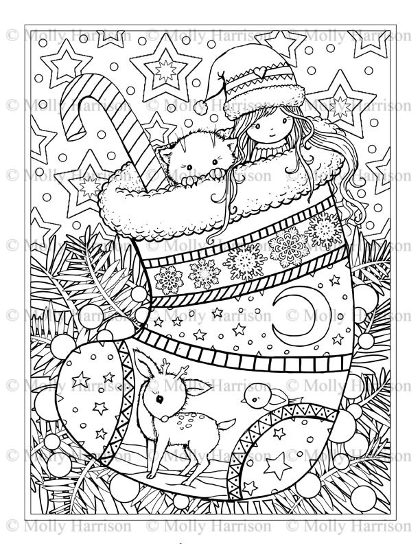  Christmas  Stocking Coloring  Page  Cat Deer Cute Little Etsy