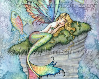 Mermaid Art Print - Leaping Carp - Archival Fine Art Print on Watercolor Paper - Fantasy Art by Molly Harrison