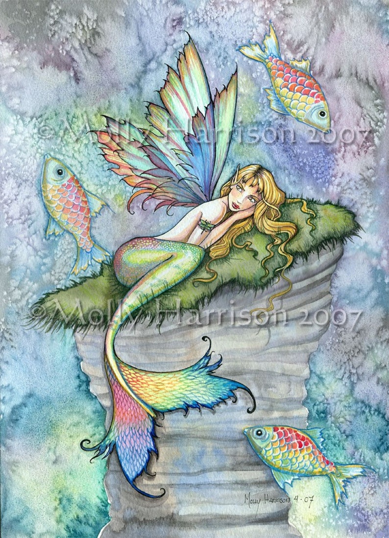 Mermaid Art Print Leaping Carp Archival Fine Art Print on Watercolor Paper Fantasy Art by Molly Harrison image 1