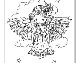 Whimsical Angel in the Clouds  - Coloring Page - Line Art - Whimsical World by Molly Harrison Fantasy Art