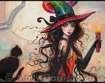 May include: Watercolor painting of a witch with long black hair, wearing a red and black dress and a tall, pointed hat. She holds a red candle, and a black cat with a red collar is nearby. The background features a full moon.