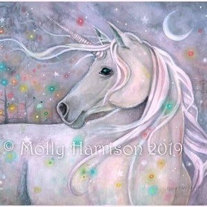 May include: A watercolor painting of a white unicorn with a long, flowing mane and tail. The unicorn is standing in a forest with a crescent moon in the sky. The background is filled with colorful stars and lights.