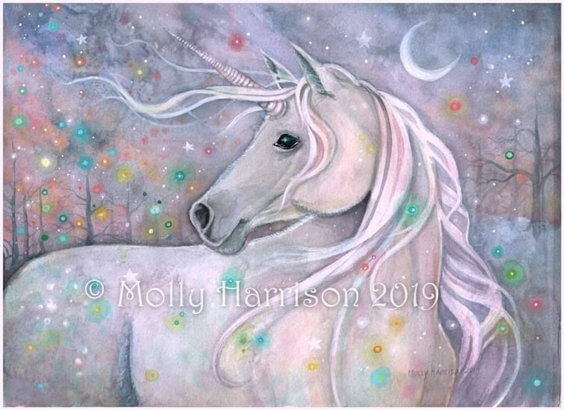 May include: A watercolor painting of a white unicorn with a long, flowing mane and tail. The unicorn is standing in a forest with a crescent moon in the sky. The background is filled with colorful stars and lights.