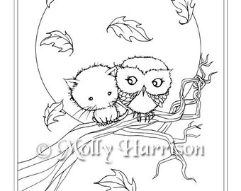 Whimsical Owl and Kitty - Instant Download Printable - Halloween Fantasy - Molly Harrison Art -  Coloring Page JPG - 8.5 x 11