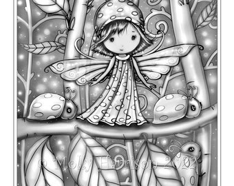 Fairy with Ladybugs GRAYSCALE - White Spotted Ladybug - Printable Coloring Page Instant Download - by Molly Harrison Art