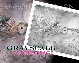 Soaring - Instant Download Printable Fairy and Owl GRAYSCALE coloring page by Molly Harrison -  8.5 x 11 JPG file