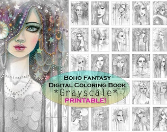 Bohemian Fantasy GRAYSCALE Coloring Book - PRINTABLE - Instant Download - Gypsy - Grayscale Coloring - Molly Harrison Fantasy Art