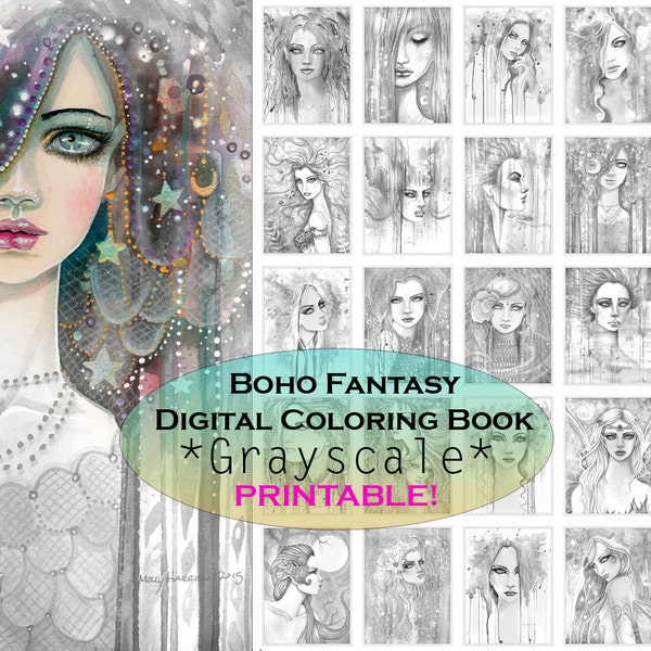 Bohemian Fantasy GRAYSCALE Coloring Book - PRINTABLE - Instant Download - Gypsy - Grayscale Coloring - Molly Harrison Fantasy Art