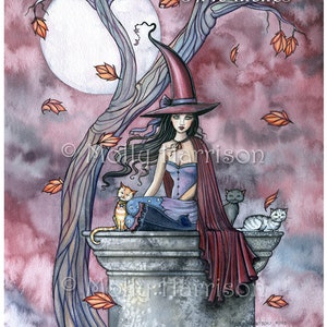 October Winds - Fantasy Art Original Witch Cat Halloween Archival Print by Molly Harrison