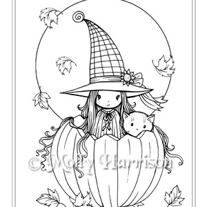 Whimsical Witch with Kitty in Pumpkin - Instant Download Printable - Halloween Fantasy - Molly Harrison Art -  Coloring Page JPG - 8.5 x 11