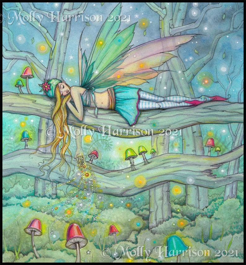 Original Fairy Watercolor Painting Enchanted Forest Fairy Sprinkling Magic in a Colorful Mushroom Filled Forest Fantasy Art image 1