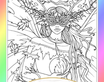 Masked Autumn - Instant Download - Digital Stamp - Coloring Page - Digistamp -  Printable - Molly Harrison - fantasy art, autumn