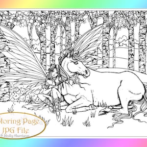 Kindred - Unicorn and Fairy - Instant Download Printable - Adult Coloring Page - Molly Harrison Fantasy Art - Digistamp