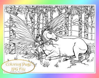 Kindred - Unicorn and Fairy - Instant Download Printable - Adult Coloring Page - Molly Harrison Fantasy Art - Digistamp