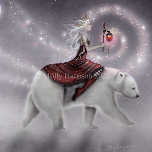 Fantasy Art Print -  The Journey - Polar Bear and Fairy - Fantasy Fine Art Print - Winter, Snow, Mystical, Stars, Moon