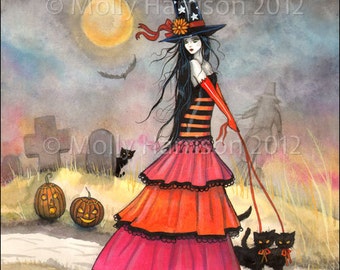 Halloween Witch and Cats Art Print - A Halloween Stroll Fantasy Art Original Witch Cat Halloween Archival Giclee Print