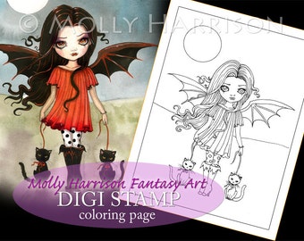 Child of Halloween - Digital Stamp - Printable - Halloween Vampire and Cats - Fantasy Art - Digi stamp Coloring Page JPG - 8.5 x 11