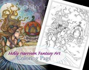 Cinderella - Coloring Page - Fairy Tale, fairytale art - Molly Harrison Fantasy Artwork - JPG - 8.5 x 11 - Digistamp