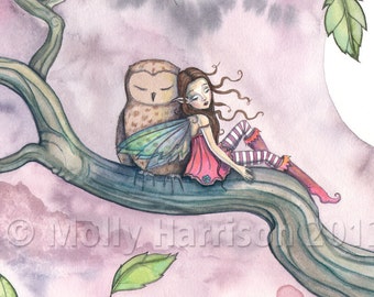 Fairy Art Print - Watercolor - Lullaby on the Wind - Sweet Little Fairy and Owl in Tree Illustration - Fine Art Archival Print