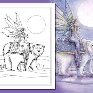 Kit and Clowder RESERVED listing - Moonlit Solstice - Fairy and Polarbear - Printable - Adult Coloring Page - Molly Harrison Fantasy Art