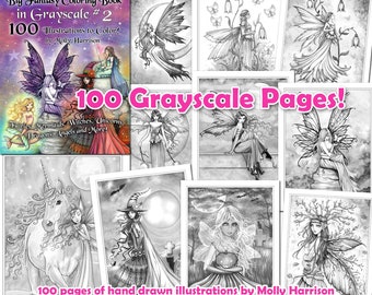 Fantasy Grayscale Coloring Book – Fairies, Witches, and Dragons (Digital Download)