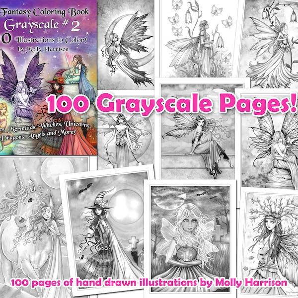 100 SEITEN! Großes Fantasy Malbuch in Graustufen #2 - Sofort Download - Feen, Hexen, Meerjungfrauen, Drachen, Einhörner und MEHR!