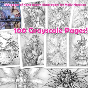 Not AI - Big Fantasy Coloring Book in Grayscale - 100 Pages - Instant Download Printable - Fairies, Mermaids, Witches - Molly Harrison