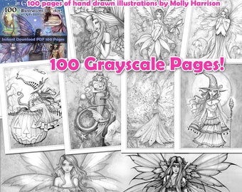 Big Fantasy Coloring Book in Grayscale - 100 Pages - Instant Download Printable - Fairies, Mermaids, Witches - Molly Harrison