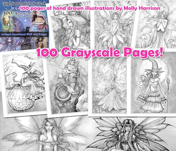 Fantasy Coloring Book – 100 Grayscale Fairies, Mermaids, Witches (PDF Pattern)