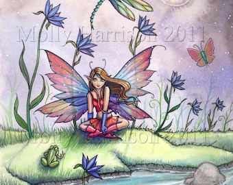 Fairy Print - Magic At Dusk - Watercolor Art Archival Print by Molly Harrison - Fairy, frog, flowers, butterflies, dragonfly