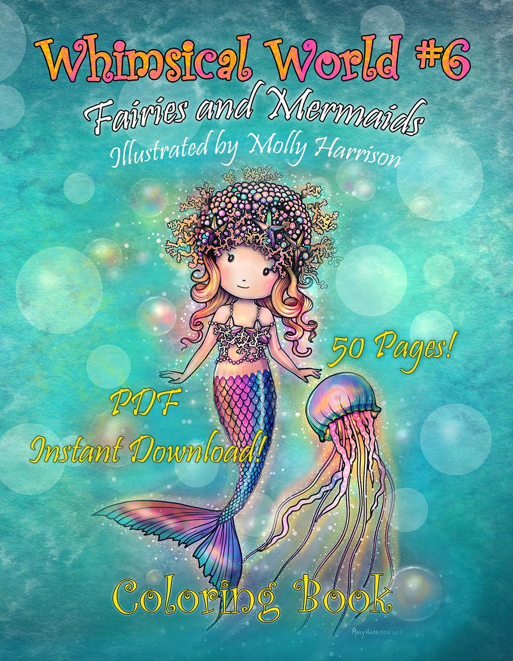 Not AI - Cute Fairies and Mermaids Coloring Book Whimsical World #6 Printable Instant Download 50 pages of Illustrations by Molly Harrison