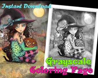 Halloween Hill GRAYSCALE - Instant Download Printable Coloring Page - 8.5 x 11 - JPG - Witch, Cat, Jack-O-Lantern - Digistamp