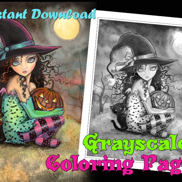 Halloween Hill GRAYSCALE - Instant Download Printable Coloring Page - 8.5 x 11 - JPG - Witch, Cat, Jack-O-Lantern - Digistamp