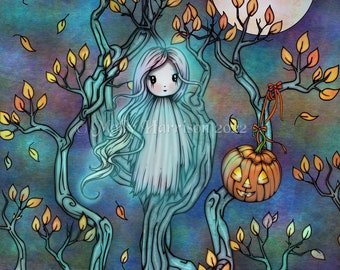 The Little Ghost in the Tree Print-  Cute Ghost with jack-o-lantern - Halloween Art by Molly Harrison