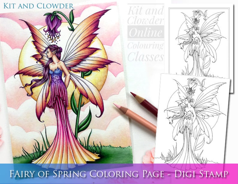 Kit and Clowder Class Fairy of Spring Digital Stamp Printable Flower Fairy Art Molly Harrison Fantasy Art image 1