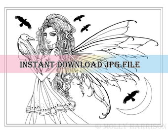 Raven Fairy  - Digital Stamp - Printable - Fairy Art - Molly Harrison Fantasy Art - Coloring Page - Gothic Crescent Moon Fairies