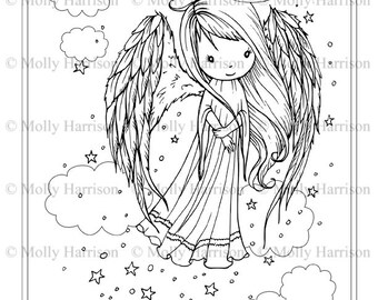 Little Angel in the Clouds and Stars Coloring Page -  Printable Instant Download - Downloadable - All Ages! Chrismas