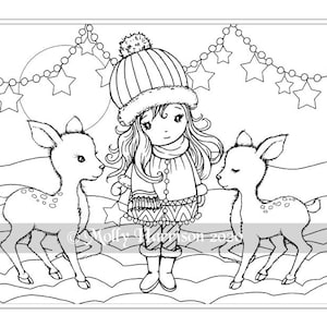 Cute Winter Scene - Instant Download Line Art Coloring Page - Whimsical Girl with Two Little Fawns - Molly Harrison Fantasy Art