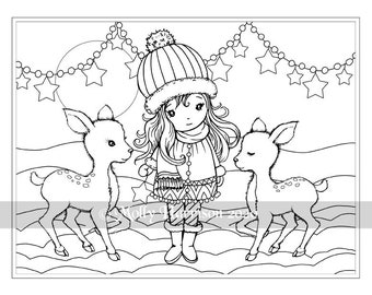 Cute Winter Scene - Instant Download Line Art Coloring Page - Whimsical Girl with Two Little Fawns - Molly Harrison Fantasy Art