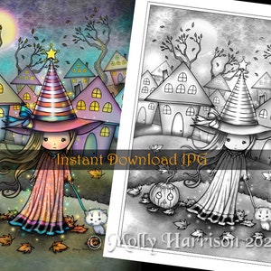 The Pastel Neighborhood Witch and Cat - Dibujo para colorear en escala de grises - Molly Harrison - Descarga instantánea imprimible - Páginas para colorear de Halloween