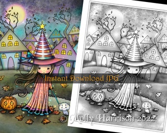 The Pastel Neighborhood Witch and Cat - Grayscale Coloring Page - Molly Harrison - Printable Instant Download - Halloween Coloring Pages