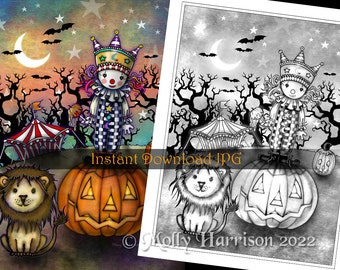 The Clown and the Lion - Grayscale Coloring Page - Molly Harrison - Printable Instant Download - Halloween Coloring Pages