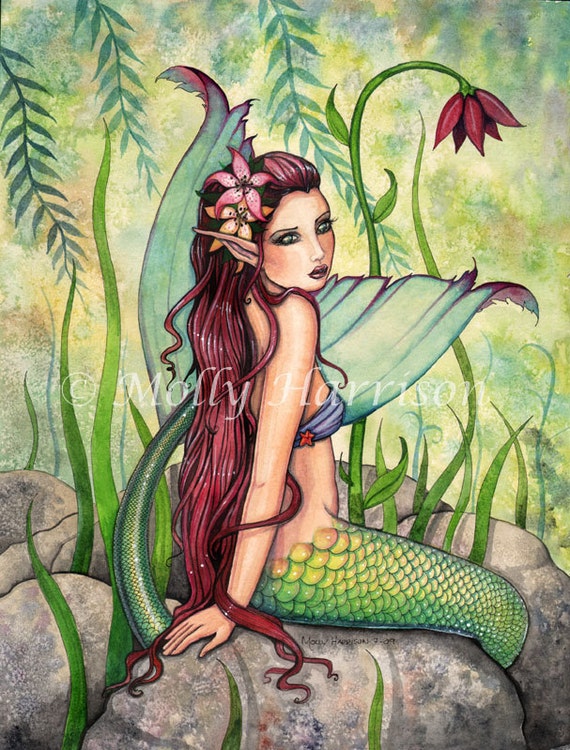 Mermaid Print Green Lagoon Fantasy Art Print By Molly Etsy