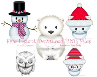 Cute Chirstmas Animals and Snowman Clipart - Five Separate PNG Files Clipart -  Clip Art - Snowman, Polar Bear, Kittens - Instant Download