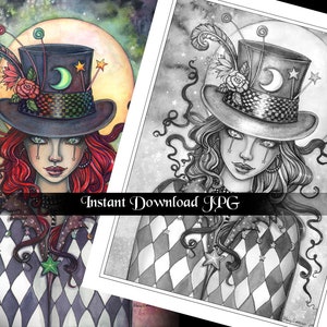 Mysterious Witch Top Hat - Grayscale Coloring Page - Molly Harrison - Printable Instant Download - Halloween Coloring Pages