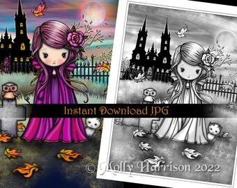 Violet Vampire with Owl and Kitty - Grayscale Coloring Page - Molly Harrison - Printable Instant Download - Halloween Coloring Pages