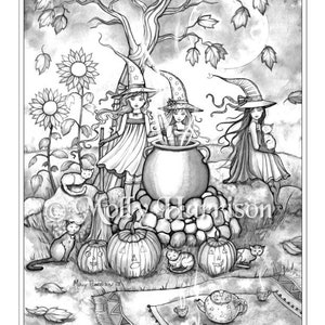 Witchy Brew Cute Witches - Grayscale Coloring Page - Molly Harrison - Printable Instant Download - Halloween Coloring Pages
