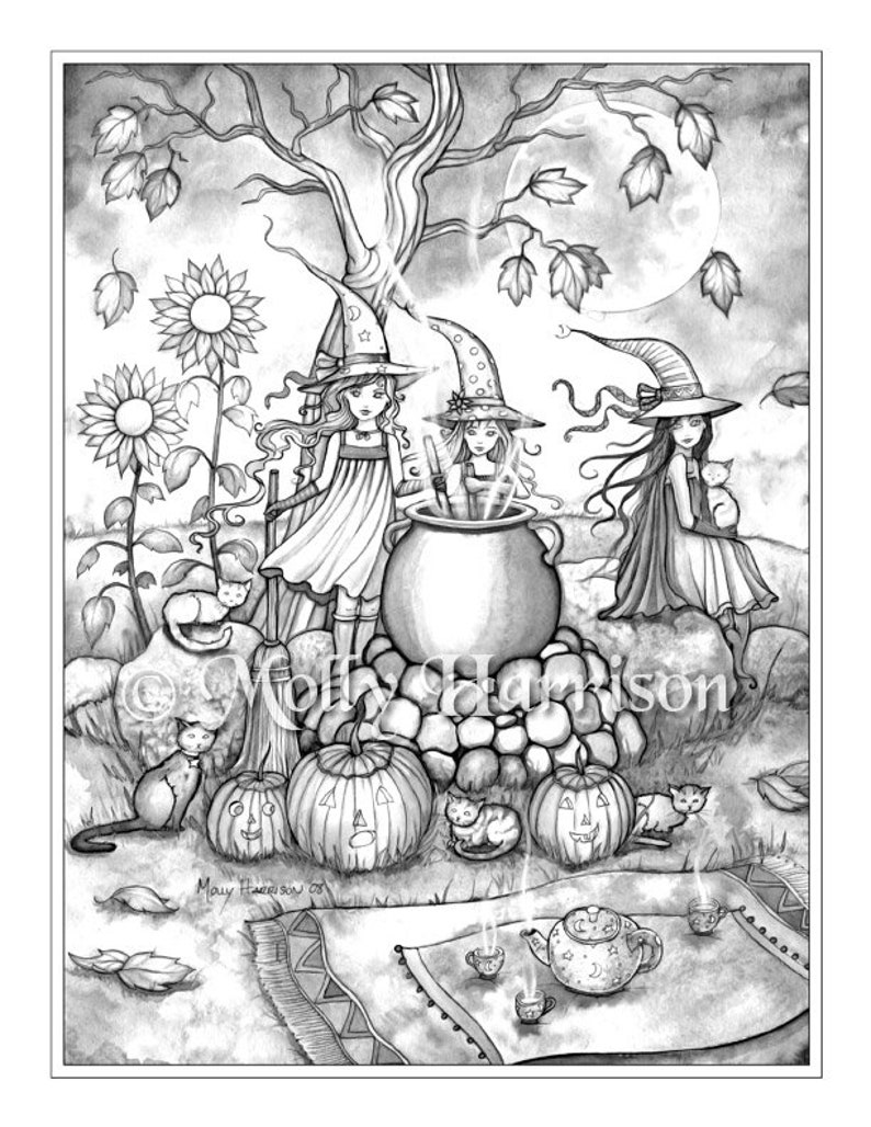 Witchy Brew Cute Witches Grayscale Coloring Page Molly | Etsy