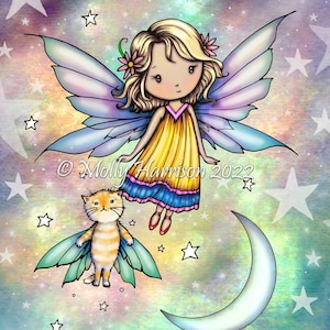 Floating #2 Sweet Fairy and Orange Tabby Cat among Stars and Moon -  Whimsical Art by Molly Harrison